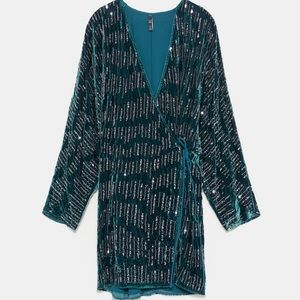 Zara TRF collection velour sequin beaded mini wrap-dress